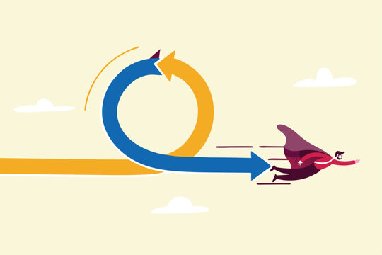 Agile methodology in project management or software development, sprint or dev cycle to release and improve product, scrum process or workflow concept, businessman superhero fly with agile cycle.
