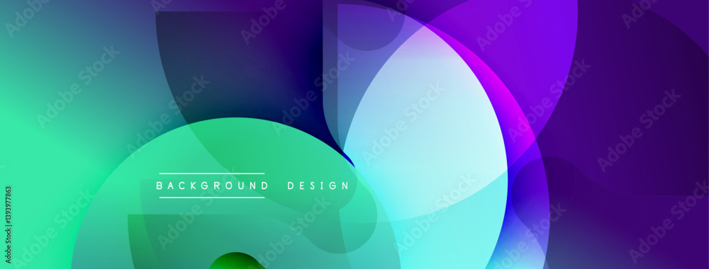 Poster Abstract vibrant design features overlapping translucent circles. Gradient transitions blend turquoise, purple, green hues creating modern aesthetic. Minimal text reads background design.