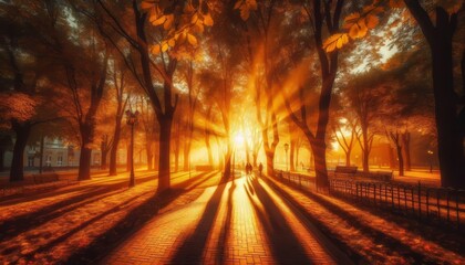 Obraz premium Golden Hour Stroll The park bathed in the warm glow of the setti