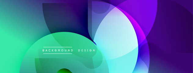 Abstract vibrant design features overlapping translucent circles. Gradient transitions blend turquoise, purple, green hues creating modern aesthetic. Minimal text reads background design.