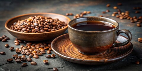 Aromatic Dark Roast Coffee in Earthenware Cup and Saucer with Roasted Beans