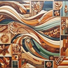 Wood Intarsia Wall Panels Mosaic like designs assembled from dif