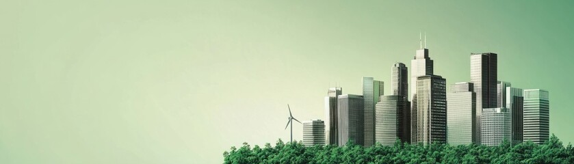 Fototapeta premium Modern City Skyline with Green Trees and Wind Turbines, Representing Sustainability and Urban Development in a Clean Environment