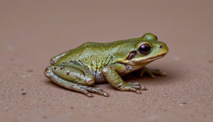Obraz premium Close-Up of Green Frog Sitting on Brown Surface in Natural Light
