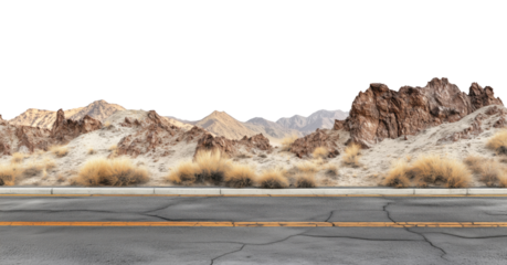 Empty asphalt road stretching across the desert, isolated on a white background