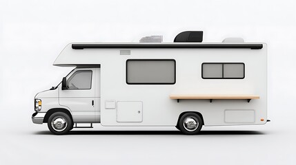White camper van, side view, against plain background; 3D model, for travel or RV industry