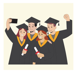 Group of Happy Graduates Taking a Selfie Flat Vector Illustration of Four Students in Graduation Gowns Celebrating Together. Graduation Day Celebration Illustration.