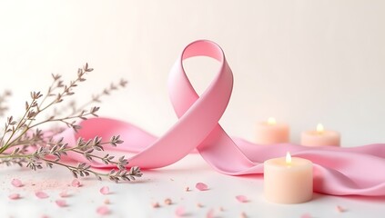 Pink ribbon creatively formed using silk fabric across a minimalist background, beside lavender sprigs and candles, evoking calm, beauty, and symbolic breast cancer awareness.