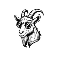 Cool Goat with Sunglasses Vector Illustration - Retro Hipster Goat Head Mascot in Black and White for T-Shirt, Logo, or Sticker Design
