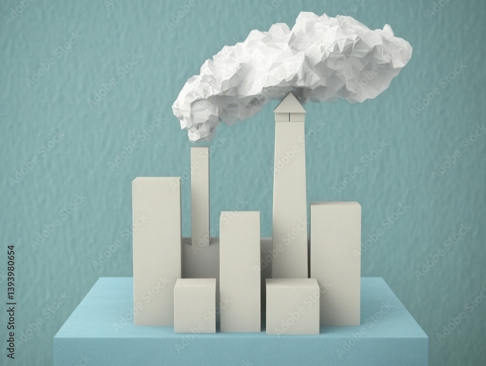 Poster abstract representation of city skyline with geometric buildings and stylized clouds symbolizing pol
