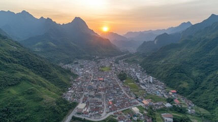 Town nestled in valley, mountain peaks at sunset, landscape, scenic view, tranquil horizon