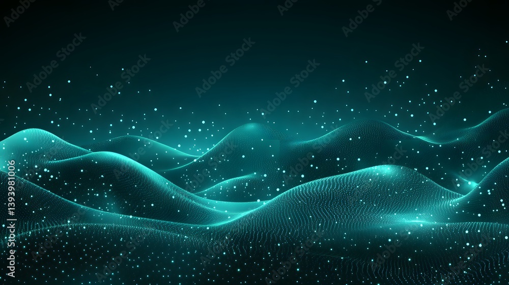 Poster abstract digital landscape depicting luminous data and flowing forms
