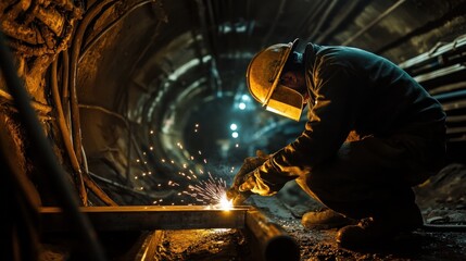 Tunnel construction with welder using safety gear creating bright sparks