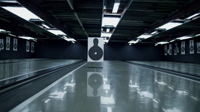 Precision shooting practice in an indoor shooting range with target movement and reflection