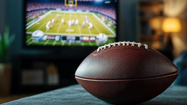 Close-up of football with game on TV
