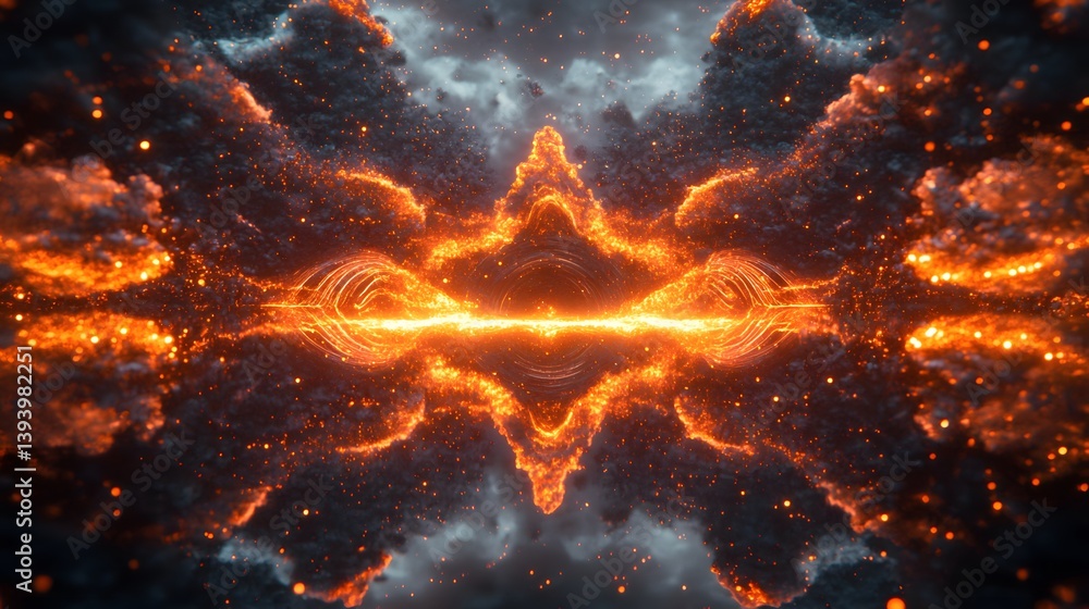 Poster fiery particles and clouds create a symmetrical and luminous celestial scene