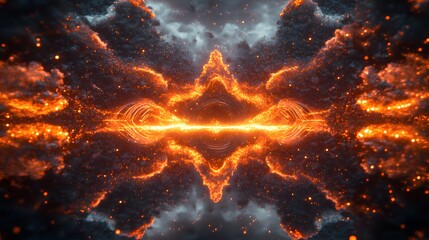 Fiery particles and clouds create a symmetrical and luminous celestial scene