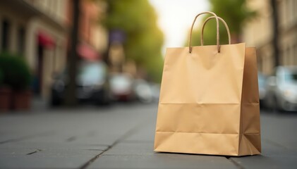 Classic brown paper shopping bag, handles visible , empty, craft, handle