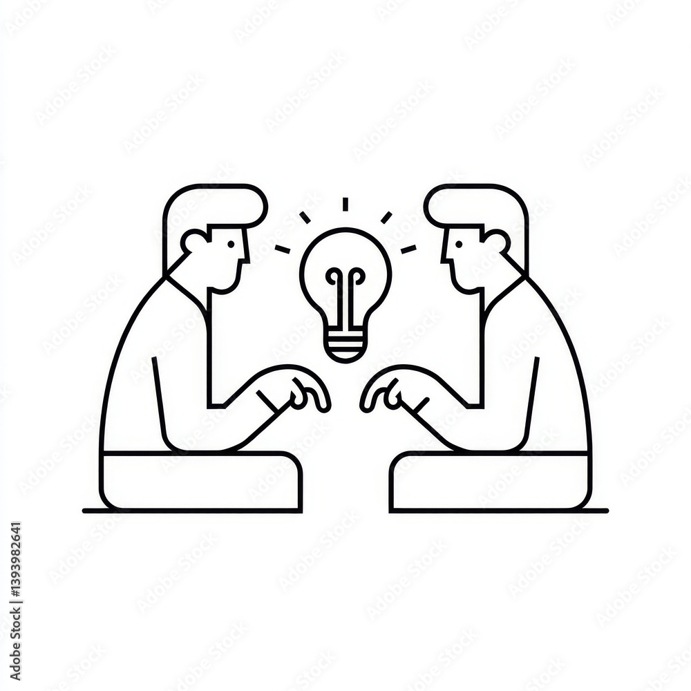 Aufkleber continuous one line drawing young businessman and his friend discussing and getting ideas with a bul