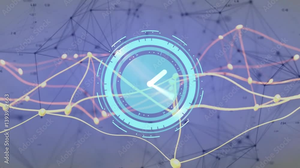 Poster digital clock animation over network of interconnected lines and nodes