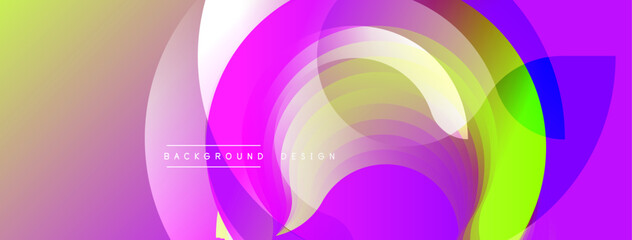 Abstract colorful layers create dynamic flowing shapes. Gradient hues blend, forming circular patterns. Modern design evokes energy, movement, visual interest.