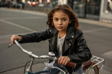 Obraz premium Race girl posing with attitude in leather jacket on bicycle