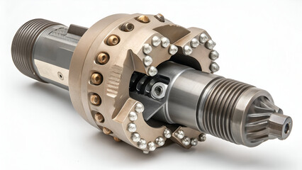Rotary drill bit, cutting teeth, industrial tool, metal construction, precision engineering, mechanical component.