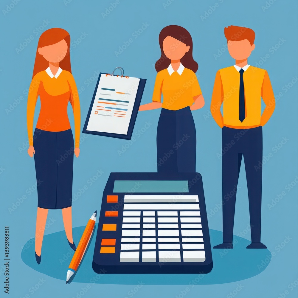 Aufkleber professional team discussing financial plans with calculator and clipboard in modern office setting 