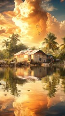 Obraz premium Tranquil waterfront sunset scene with a rustic hut reflected in calm water, surrounded by tropical vegetation and dramatic clouds
