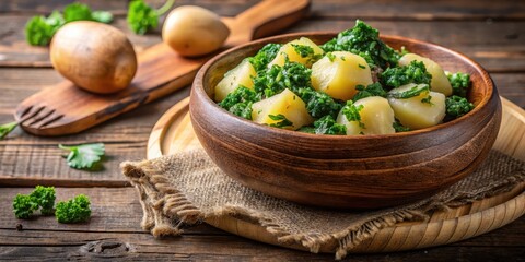 Traditional Dutch stamppot with boiled potatoes and kale served in a wooden bowl, boiled potatoes