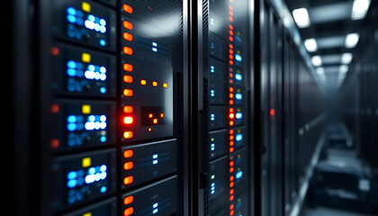 Examining Data Servers Within a Dark Server Room Illuminated with Lights