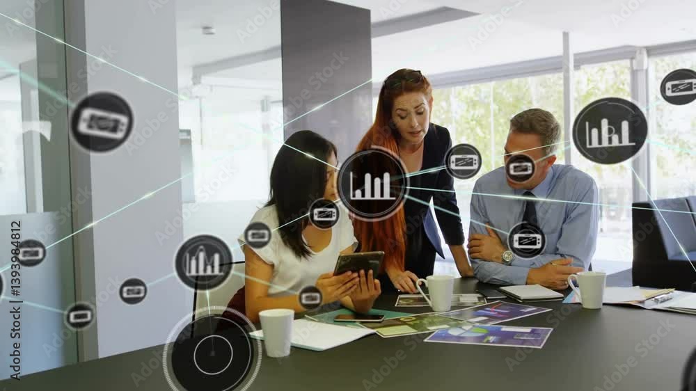 Aufkleber discussing data, business team with digital network animation in office meeting