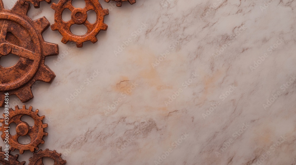 Poster various rusty gears are strategically placed on a smooth stone surface, blending industrial elements