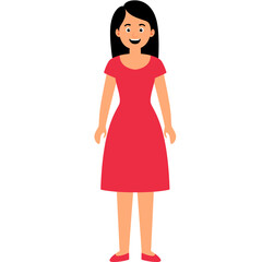 Flat cartoon illustration of a smiling woman with black hair wearing a red dress. Perfect for family themes, educational visuals, and character designs in various media.