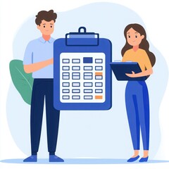 Young man and woman discussing plans with clipboard and tablet in an office environment, teamwork concept, planning, collaboration, modern illustration