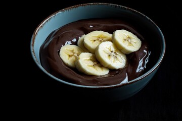 A bowl of chocolate pudding topped with banana slices