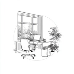 Fototapeta premium Single one line drawing office interior concept. Office desk, chair, computer, window and plant. Continuous line draw design graphic vector illustration.