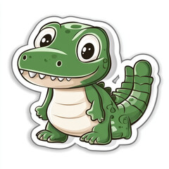 Fototapeta premium Cute animal sticker featuring friendly green dinosaur character with big eyes and cheerful expression. This adorable design is perfect for kids and adds playful touch to any collection
