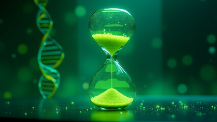 Living hourglass with algae floats in biolab. Vascular frame and DNA sequences create 16K organic tech art.