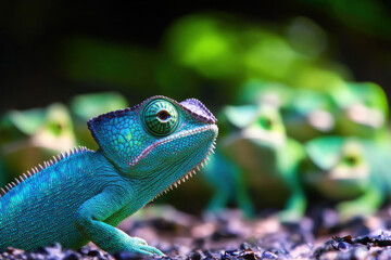 Fototapeta premium Blue chameleon looks at group of green chameleons