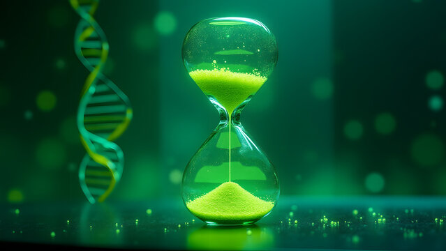 Living hourglass with algae floats in biolab. Vascular frame and DNA sequences create 16K organic tech art.