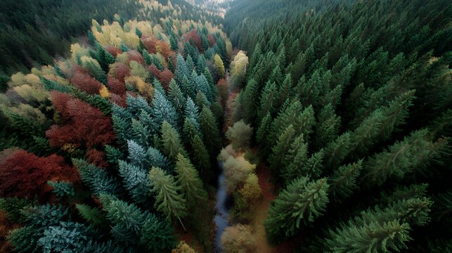 秋色の森を見下ろす雄大な空撮風景　Magnificent aerial view overlooking an autumn forest landscape