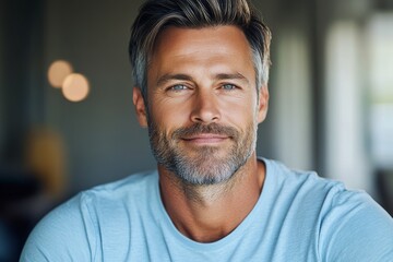 authentic portrait of attractive 40 years old European man in light blue t-shirt at home