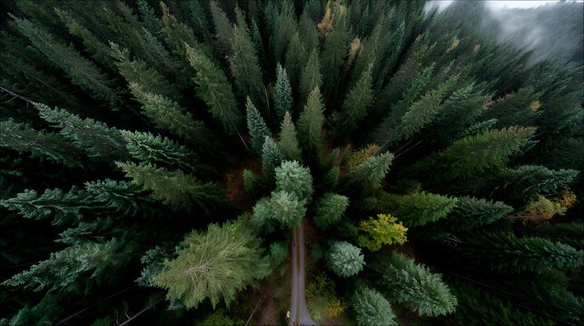 秋色の森を見下ろす雄大な空撮風景　Magnificent aerial view overlooking an autumn forest landscape