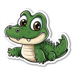 Fototapeta premium Cute animal sticker featuring friendly cartoon crocodile with big eyes and playful expression. This adorable design captures charm of wildlife in fun and engaging way