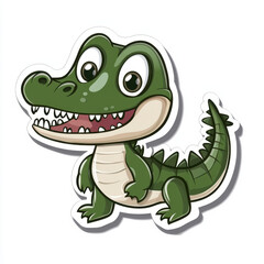 Fototapeta premium Cute animal sticker featuring cartoon crocodile with big smile and bright eyes. This playful design showcases crocodile vibrant green color and friendly expression, perfect for kids