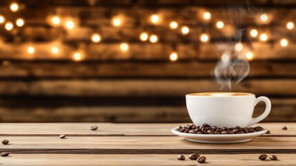 Fototapeta premium Steaming latte, wooden table, cafe lights, cozy background, menu design