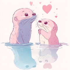 Cute otters in love, water reflection, hearts in background, digital art for print
