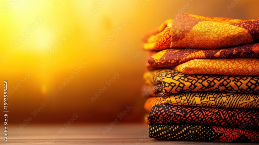Aufkleber textiles in bright colors are neatly folded, illuminated by soft sunlight, creating a warm and cozy 