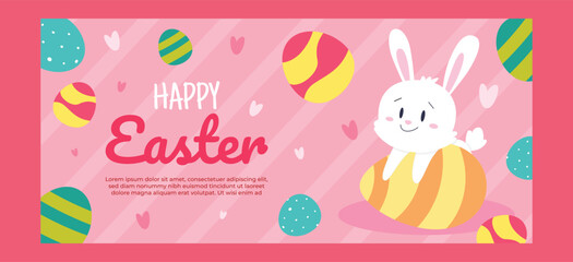 Cute Easter bunny illustration with colorful eggs on a pink background, perfect for holiday greeting cards and decorations